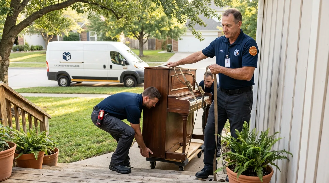 Licensed piano movers securing grand piano in Danielson, CT