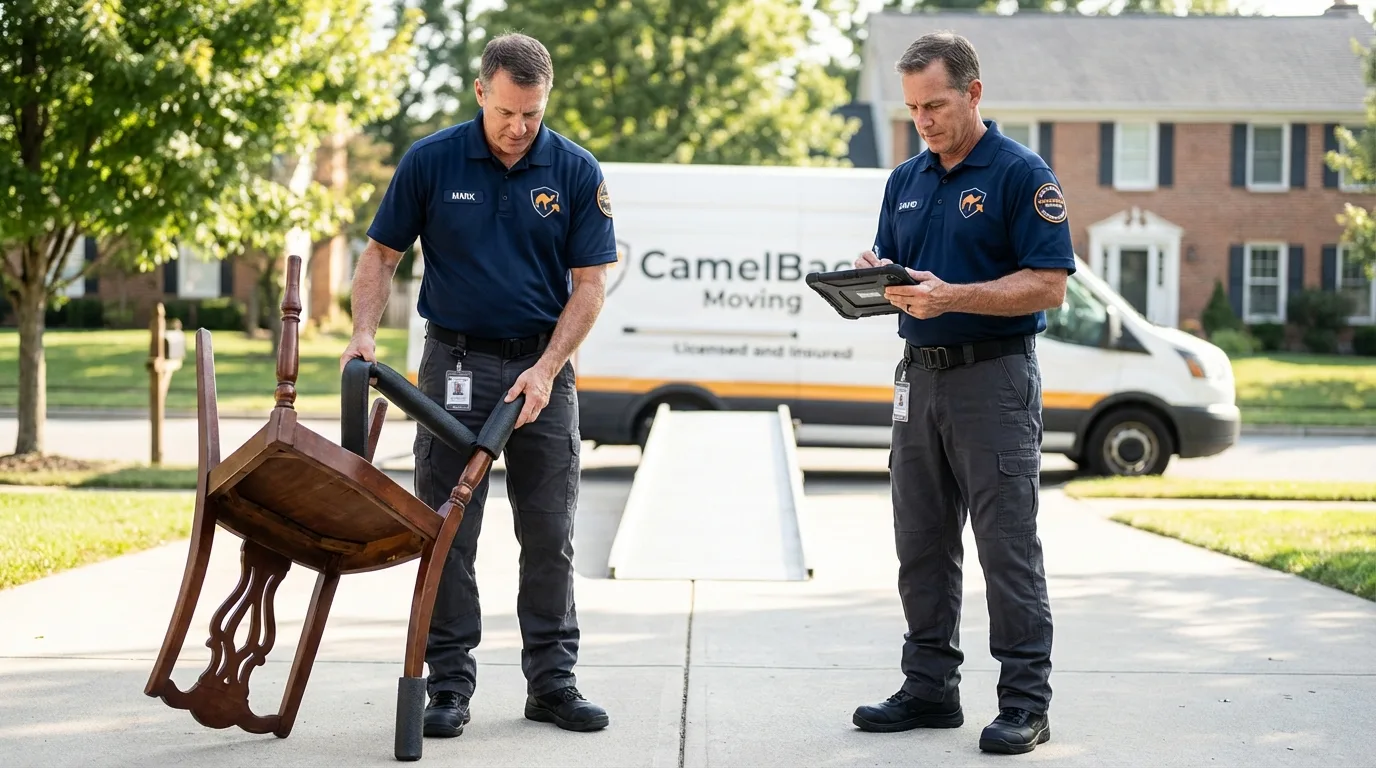 Movers inspecting furniture for damage prevention before loading in Danielson, CT